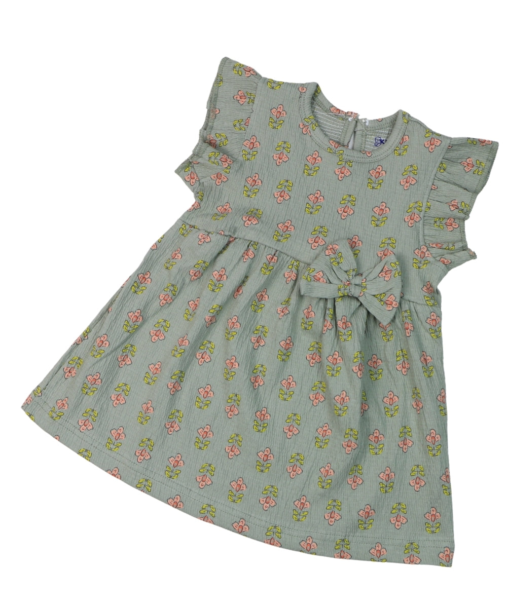 Floral Bliss – Olive Green Frock with Pink Flower Print – 100% Cotton Crepe Baby Girl Frill Sleeve Dress