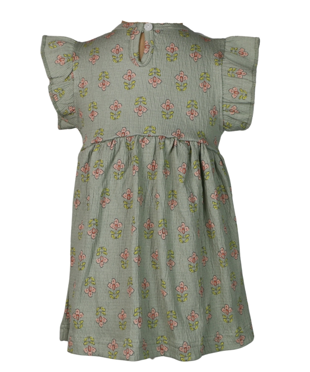 Floral Bliss – Olive Green Frock with Pink Flower Print – 100% Cotton Crepe Baby Girl Frill Sleeve Dress