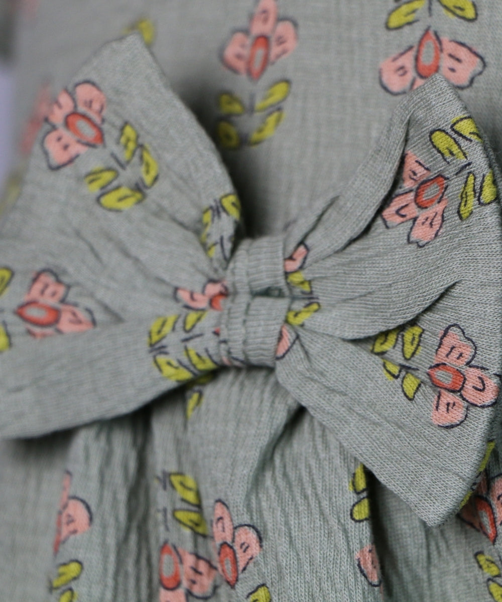 Floral Bliss – Olive Green Frock with Pink Flower Print – 100% Cotton Crepe Baby Girl Frill Sleeve Dress