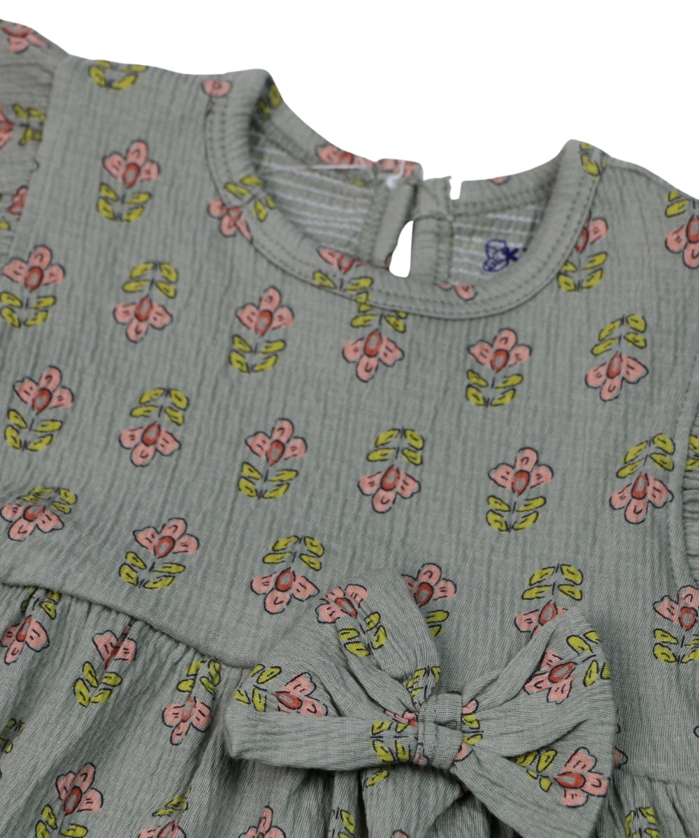 Floral Bliss – Olive Green Frock with Pink Flower Print – 100% Cotton Crepe Baby Girl Frill Sleeve Dress