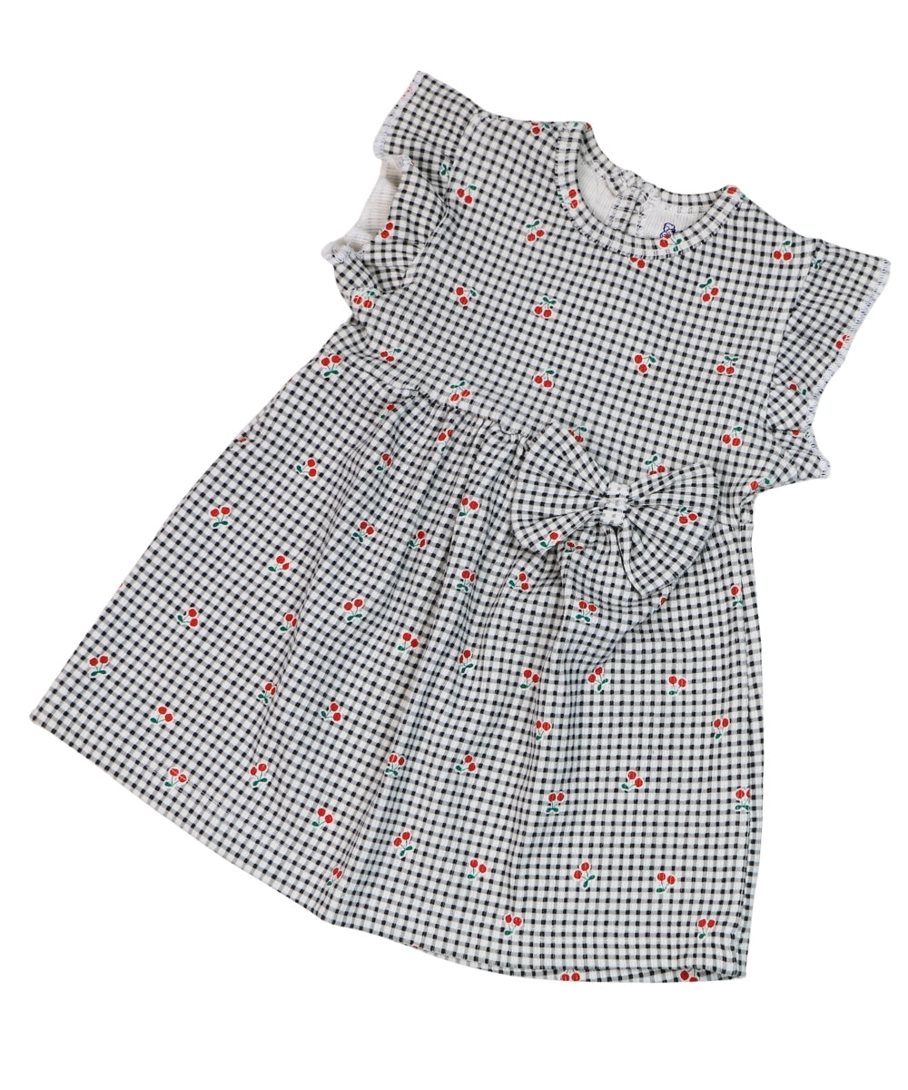 Cherry Charm – White & Black Checkered Frock with Cherry Print – 100% Cotton Baby Girl Frill Sleeve Dress