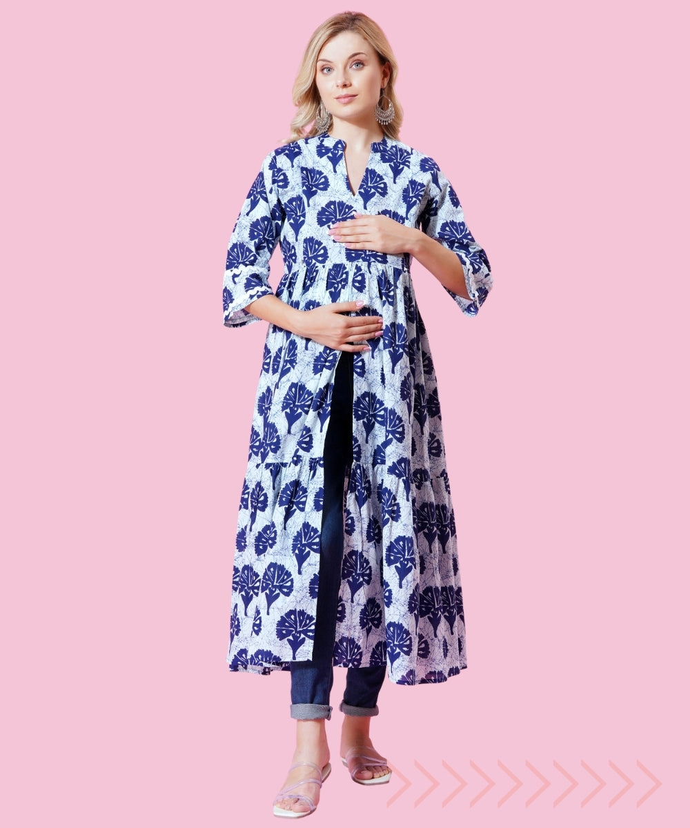 Mamabumps Blue Floral Maternity Overlay Dress with Front Slit - Nursing Friendly