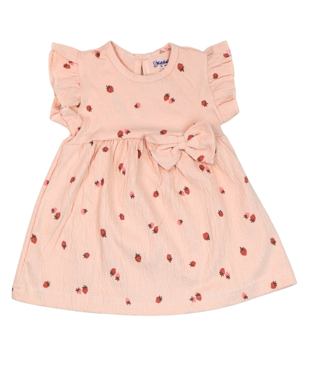 Peach Frock with Strawberry Print – 100% Cotton Baby Girl Frock – Toddler Frill Sleeve Dress