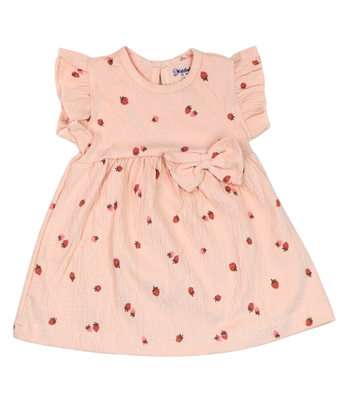 Peach Frock with Strawberry Print – 100% Cotton Baby Girl Frock – Toddler Frill Sleeve Dress