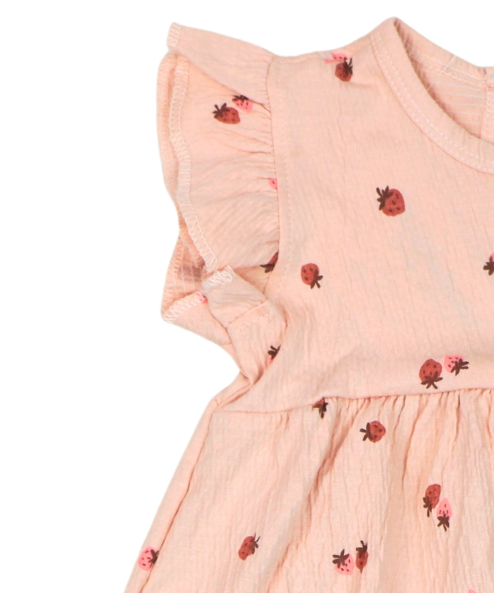 Peach Frock with Strawberry Print – 100% Cotton Baby Girl Frock – Toddler Frill Sleeve Dress