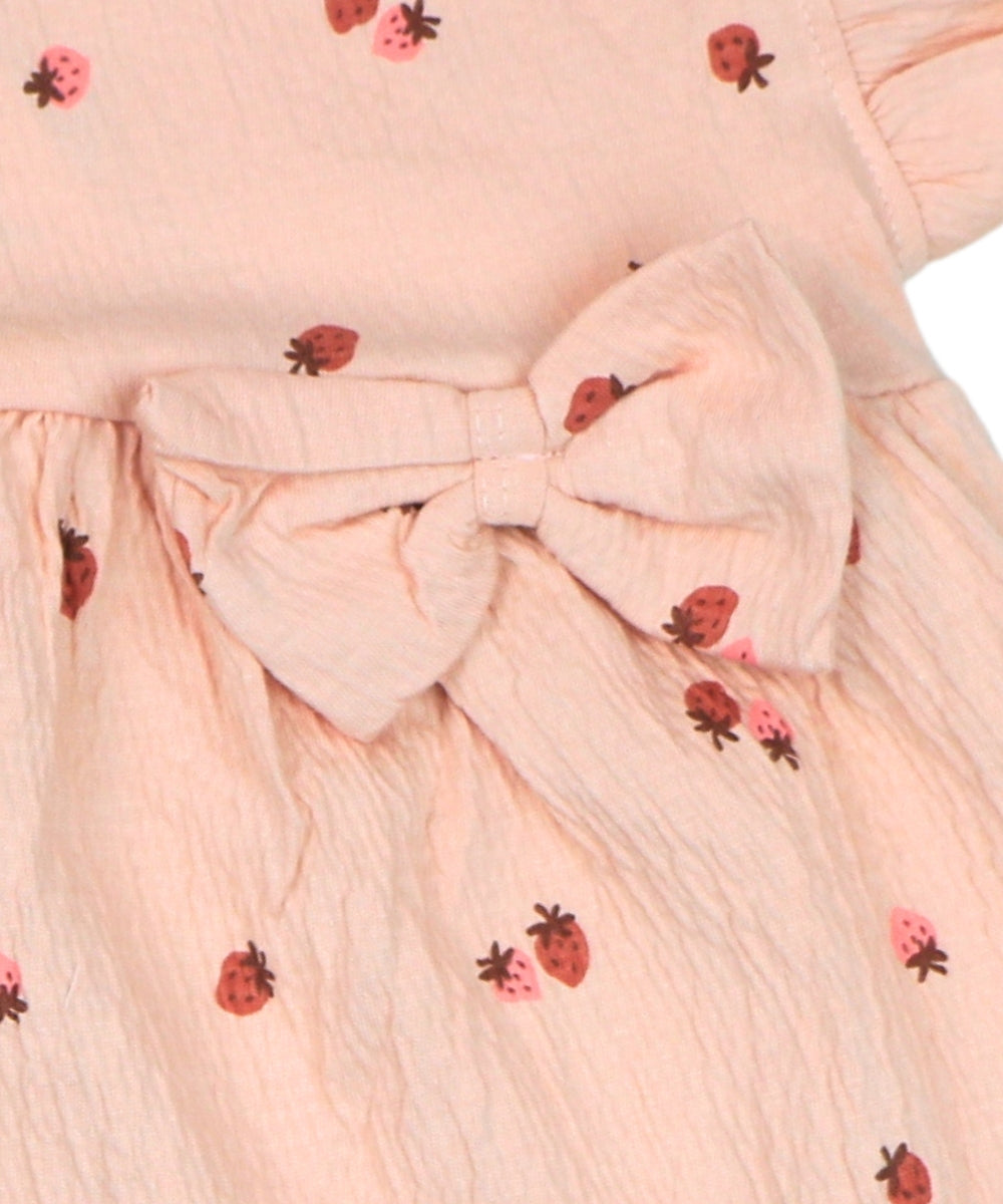 Peach Frock with Strawberry Print – 100% Cotton Baby Girl Frock – Toddler Frill Sleeve Dress