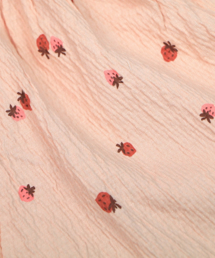 Peach Frock with Strawberry Print – 100% Cotton Baby Girl Frock – Toddler Frill Sleeve Dress