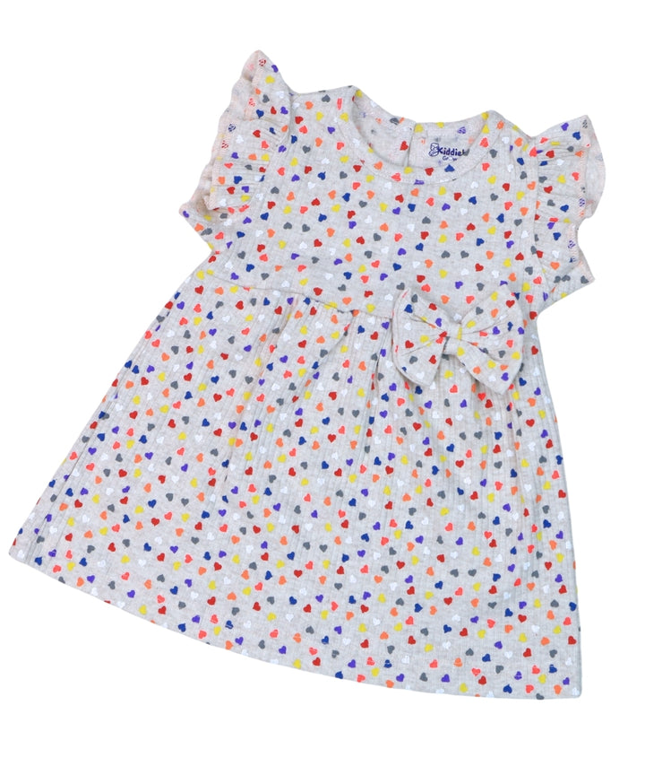 Heart Confetti - Gray Frock with Multicolor Hearts – 100% Cotton Baby Girl Frock – Toddler Frill Sleeve Dress