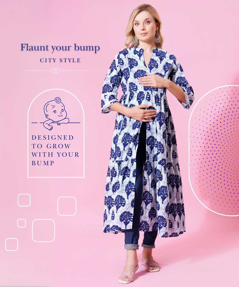 Mamabumps Blue Floral Maternity Overlay Dress with Front Slit - Nursing Friendly