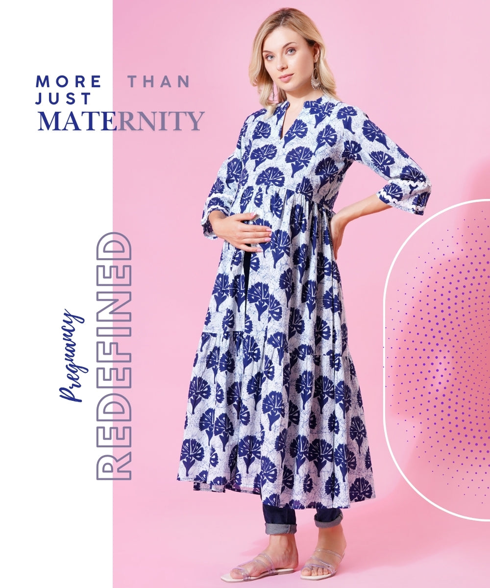 Mamabumps Blue Floral Maternity Overlay Dress with Front Slit - Nursing Friendly