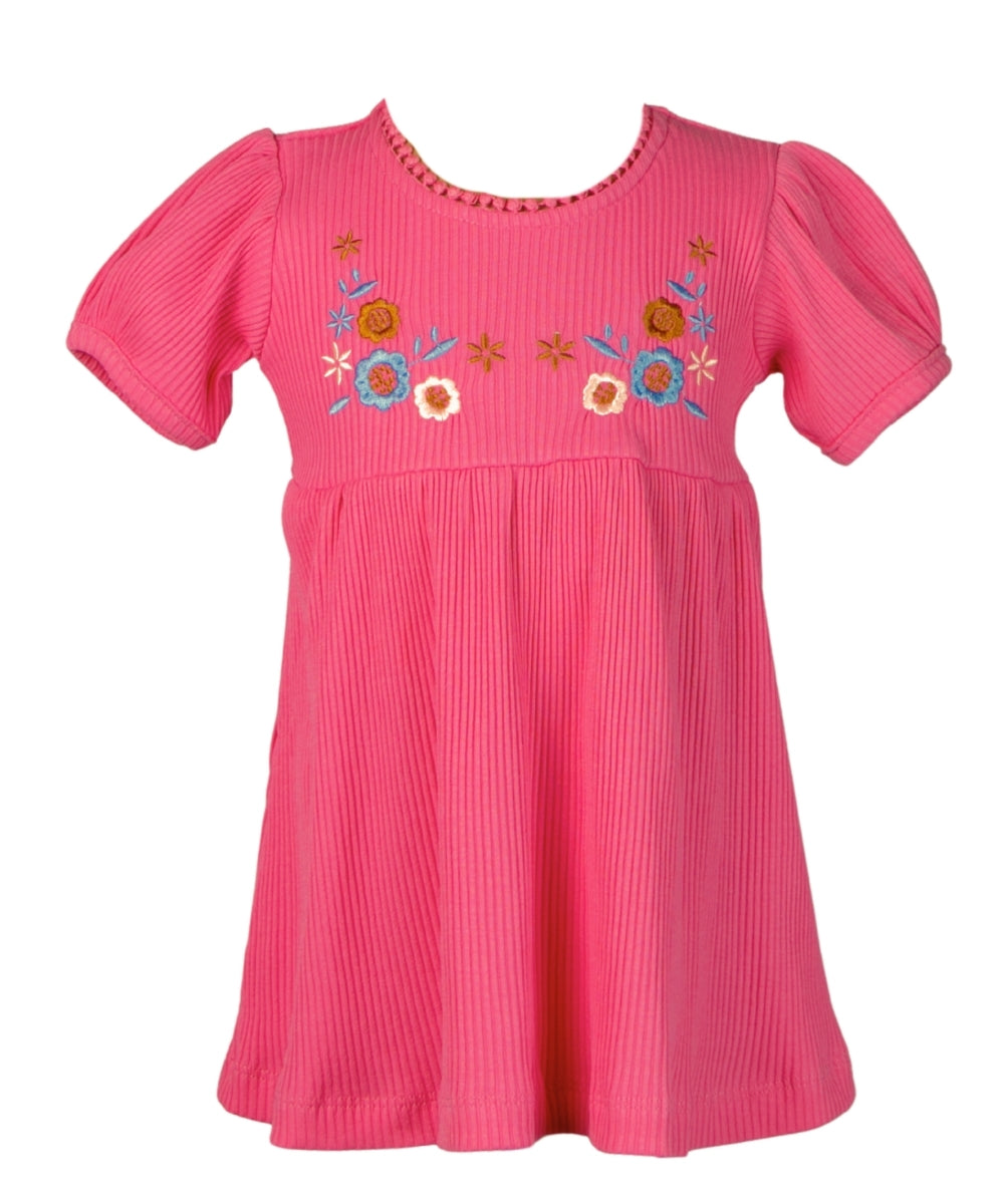 Embroidered Blossom – Short Sleeve Frock with Floral Embroidery – 100% Cotton Baby Girl Dress in Turquoise & Pink