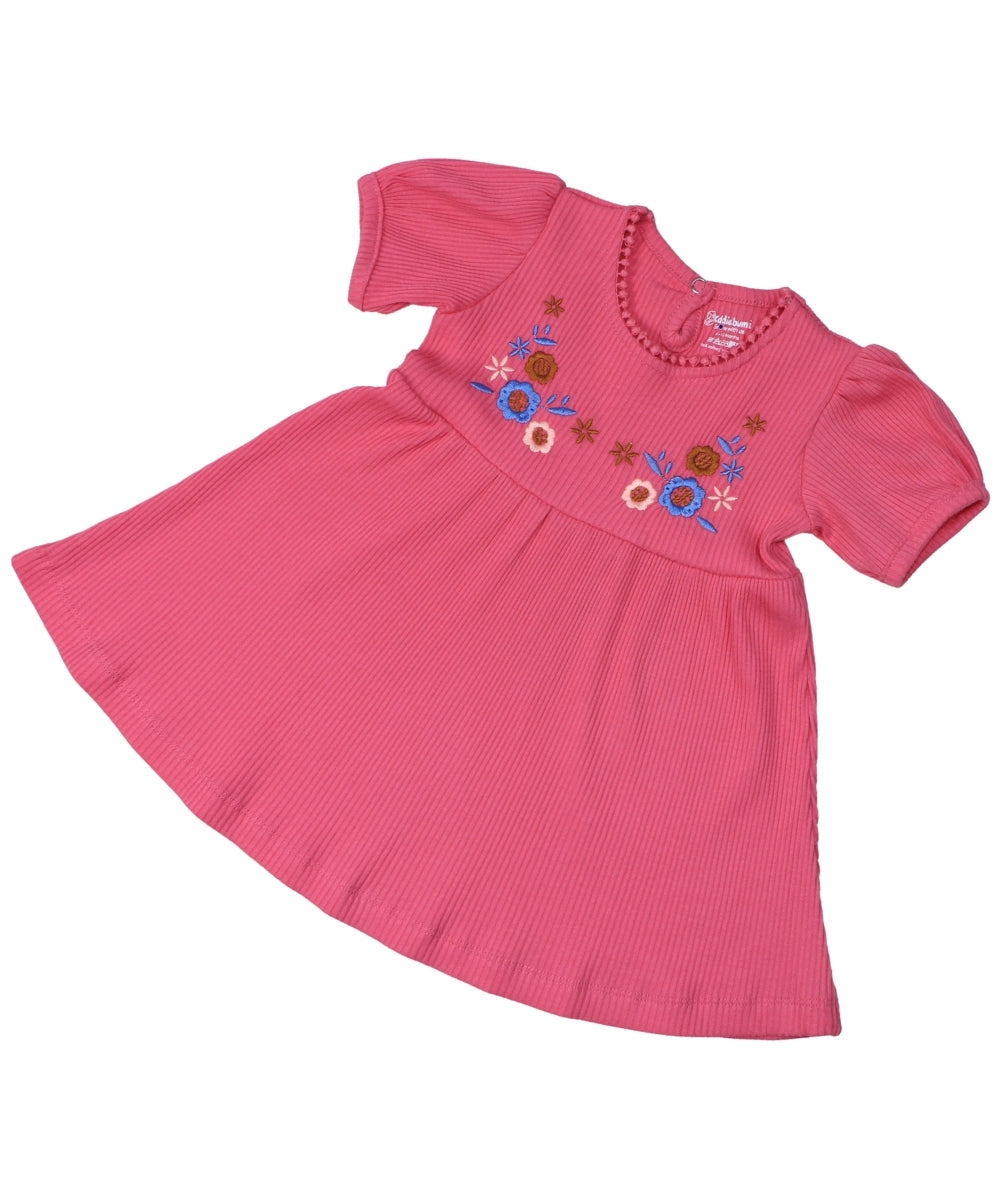 Embroidered Blossom – Short Sleeve Frock with Floral Embroidery – 100% Cotton Baby Girl Dress in Turquoise & Pink