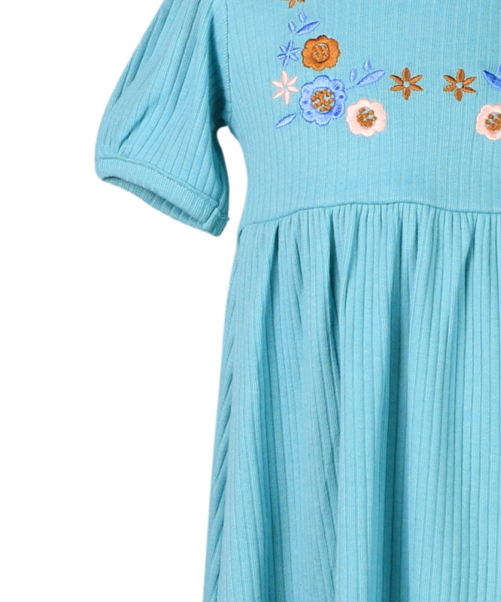 Embroidered Blossom – Short Sleeve Frock with Floral Embroidery – 100% Cotton Baby Girl Dress in Turquoise & Pink