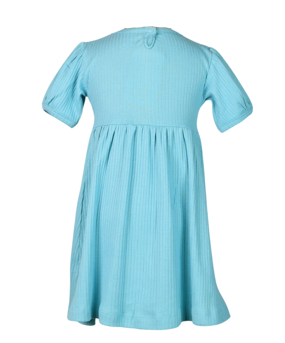 Embroidered Blossom – Short Sleeve Frock with Floral Embroidery – 100% Cotton Baby Girl Dress in Turquoise & Pink