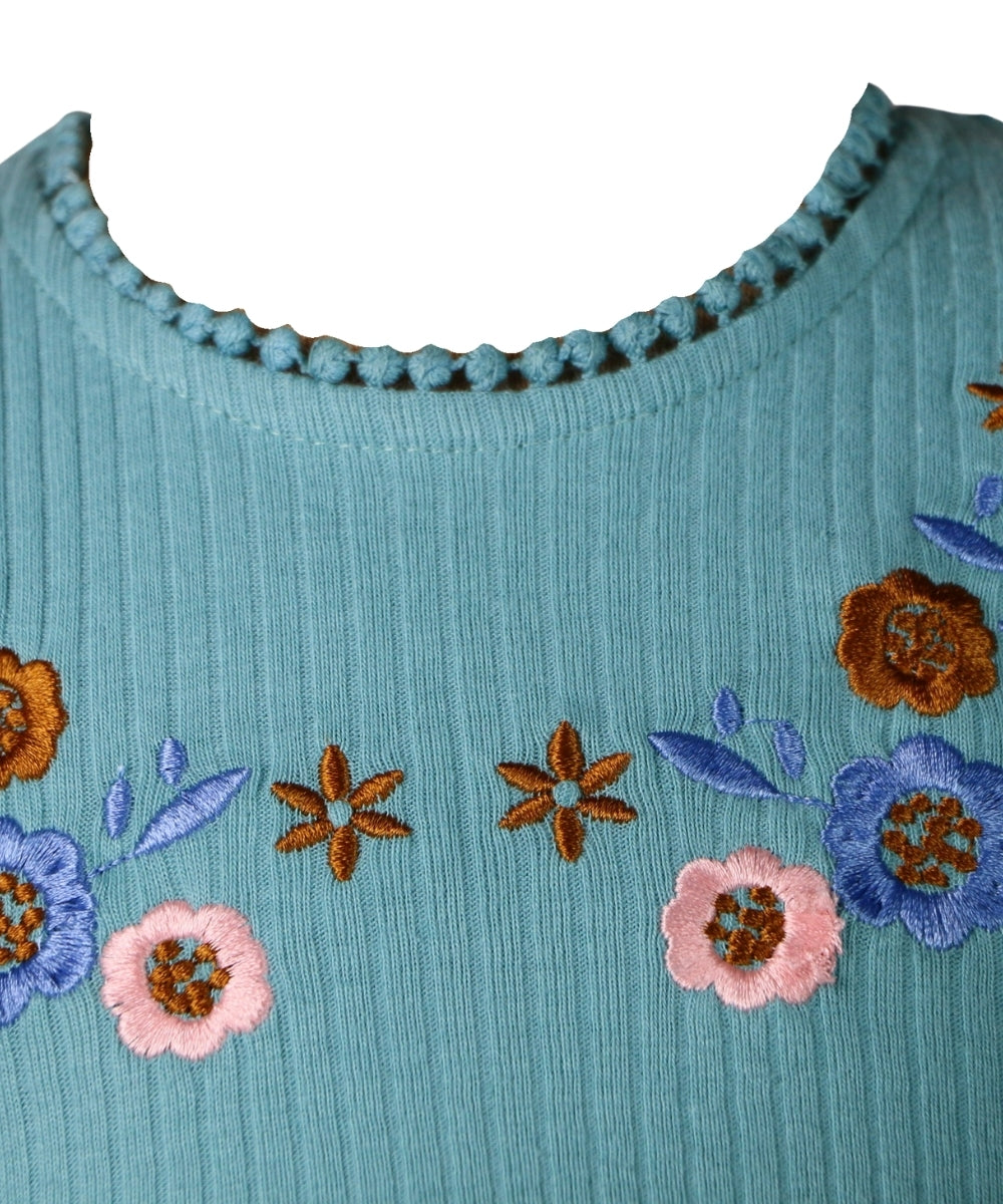 Embroidered Blossom – Short Sleeve Frock with Floral Embroidery – 100% Cotton Baby Girl Dress in Turquoise & Pink