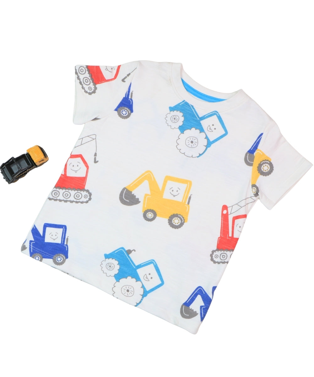 Excavator Print Cotton Co-ord Set for Kids – Half Sleeve T-Shirt and Shorts – Construction Theme Outfit