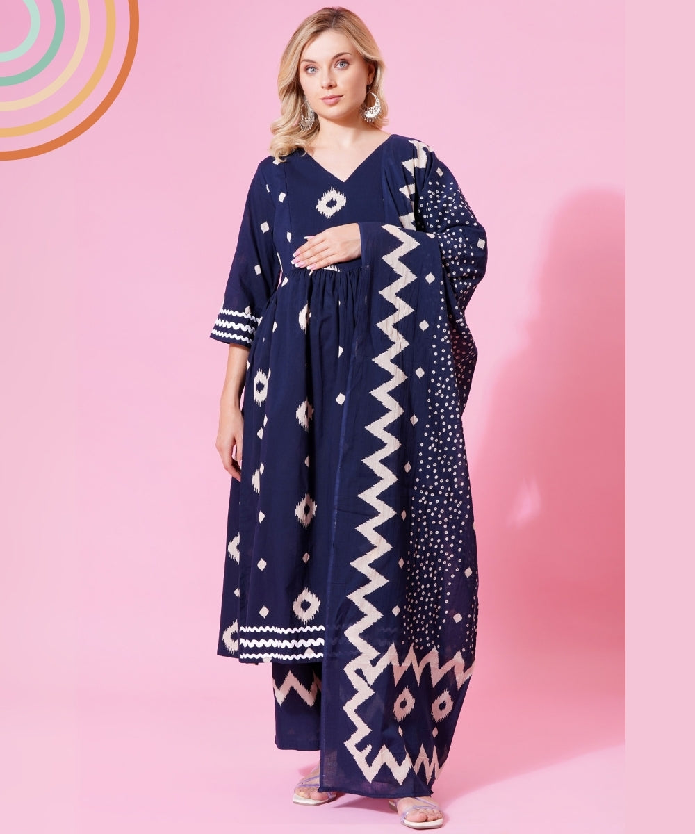 Mamabumps Blue Geometric Print Maternity Salwar Suit Set with Dupatta – 3-Piece Nursing Friendly Outfit