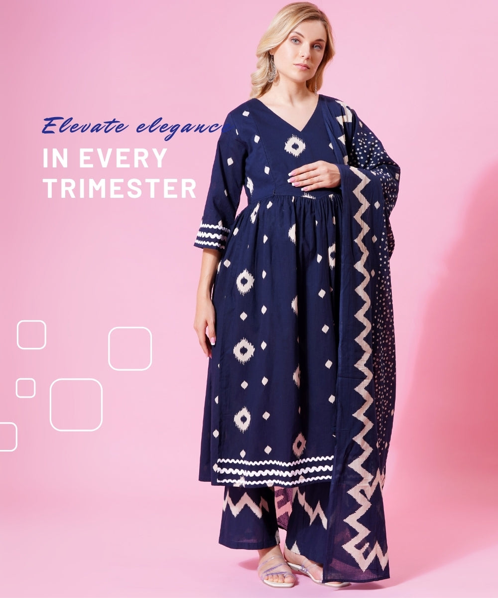 Mamabumps Blue Geometric Print Maternity Salwar Suit Set with Dupatta – 3-Piece Nursing Friendly Outfit