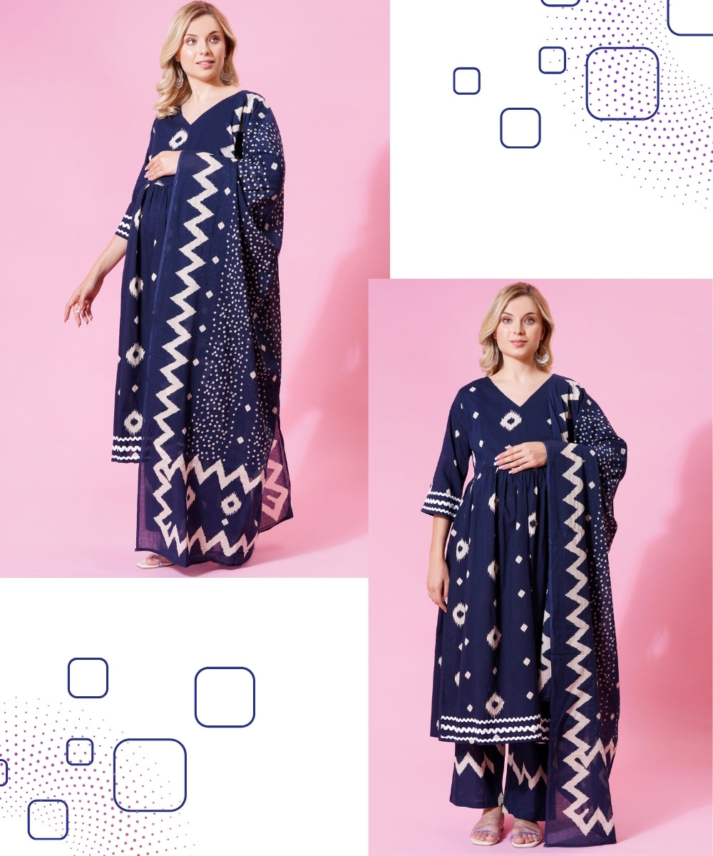 Mamabumps Blue Geometric Print Maternity Salwar Suit Set with Dupatta – 3-Piece Nursing Friendly Outfit