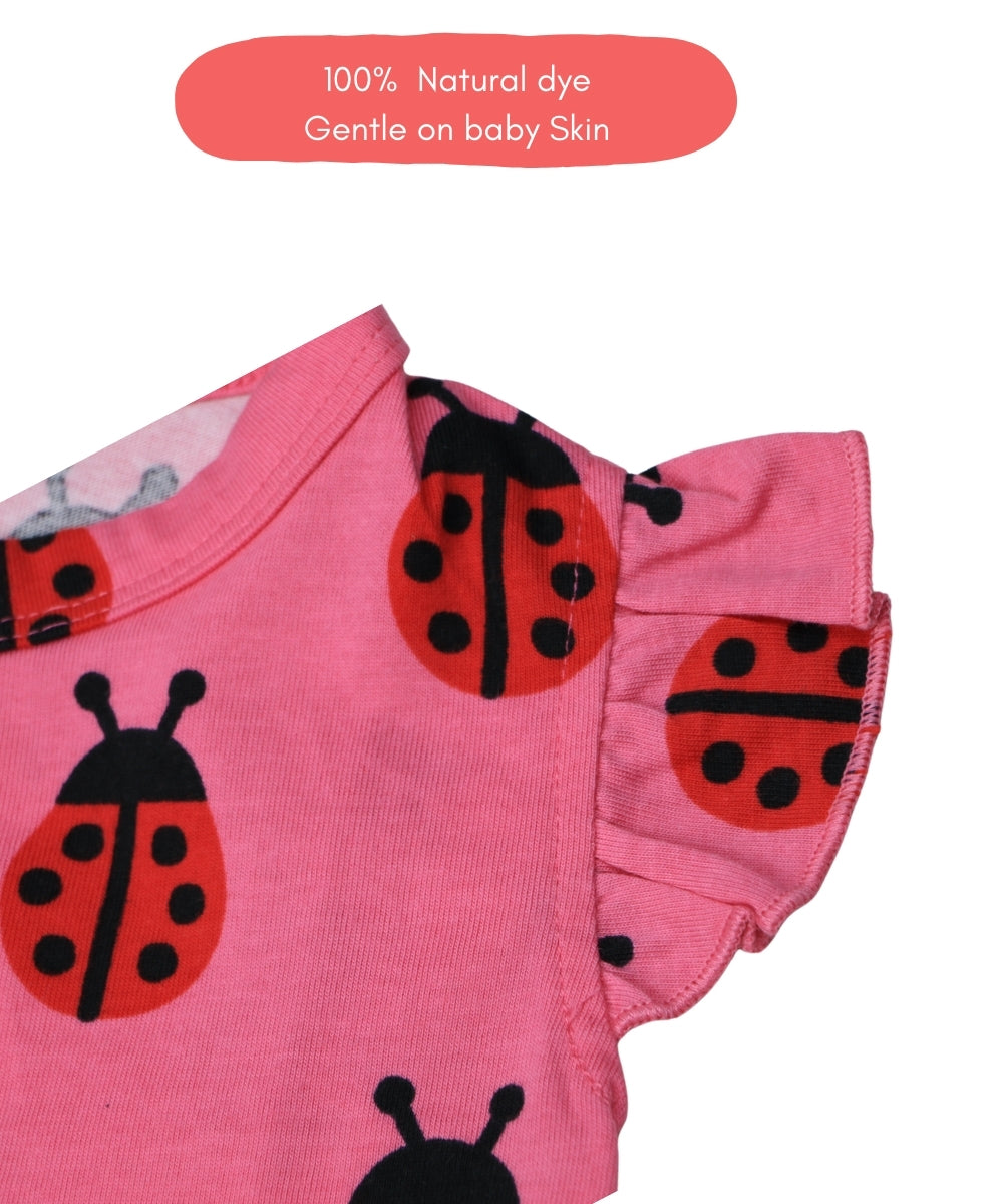 Ladybug Love – Pink Frill Sleeve Baby Girl Jumpsuit with Ladybug Print – 100% Cotton