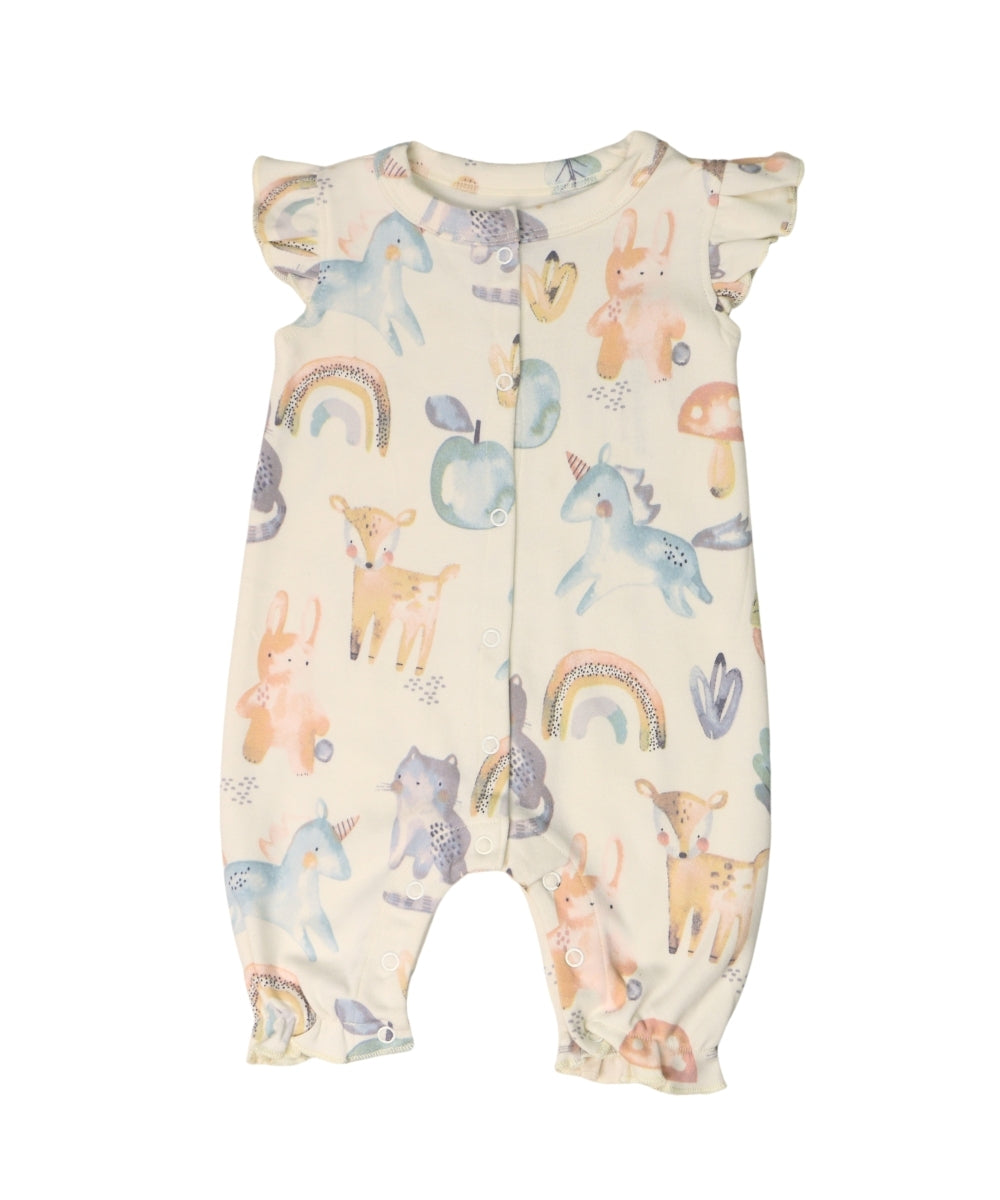 Magical Unicorn – Frill Sleeve Baby Girl Romper in Beige – 100% Cotton