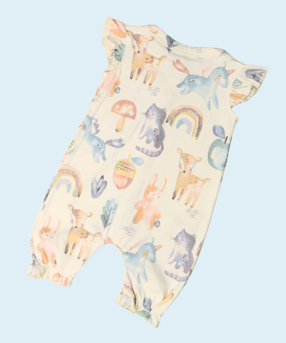 Magical Unicorn – Frill Sleeve Baby Girl Romper in Beige – 100% Cotton