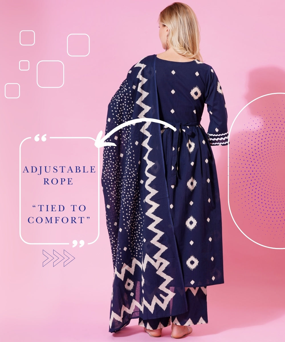 Mamabumps Blue Geometric Print Maternity Salwar Suit Set with Dupatta – 3-Piece Nursing Friendly Outfit