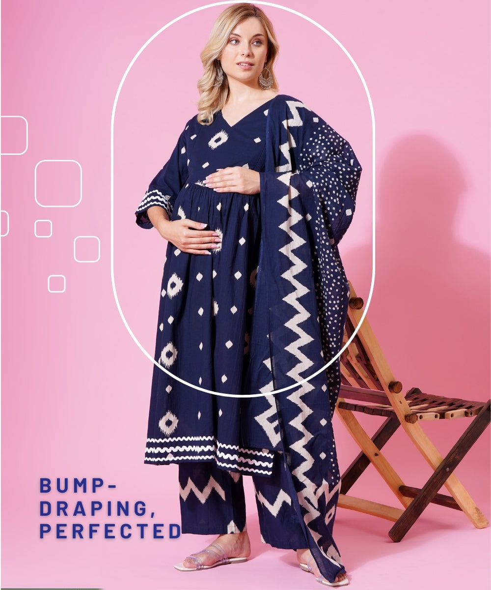 Mamabumps Blue Geometric Print Maternity Salwar Suit Set with Dupatta – 3-Piece Nursing Friendly Outfit