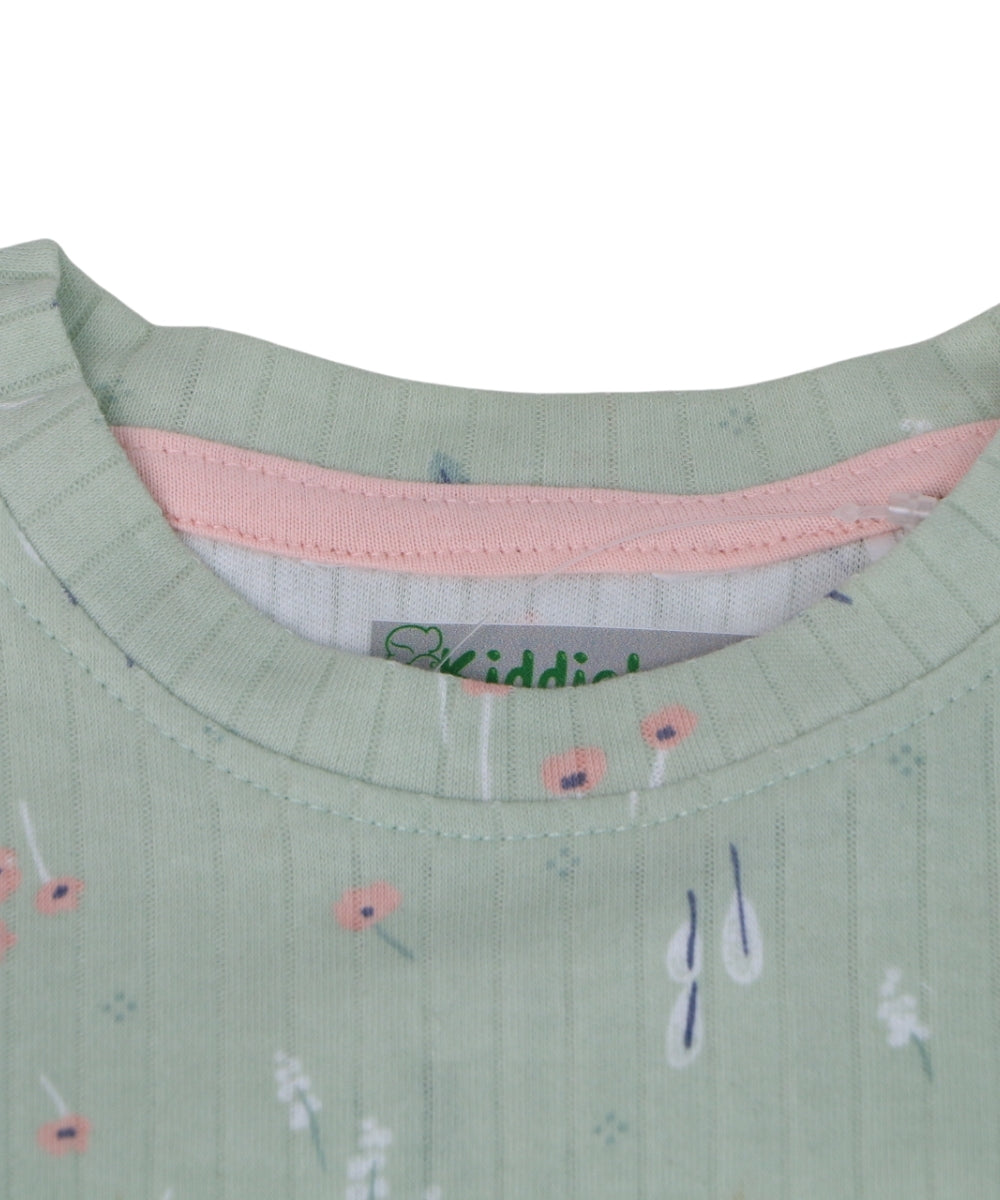 Green Floral Cotton Co-ord Set for Girls – Full Sleeve Top and Pants with Tiny Pink Flowers