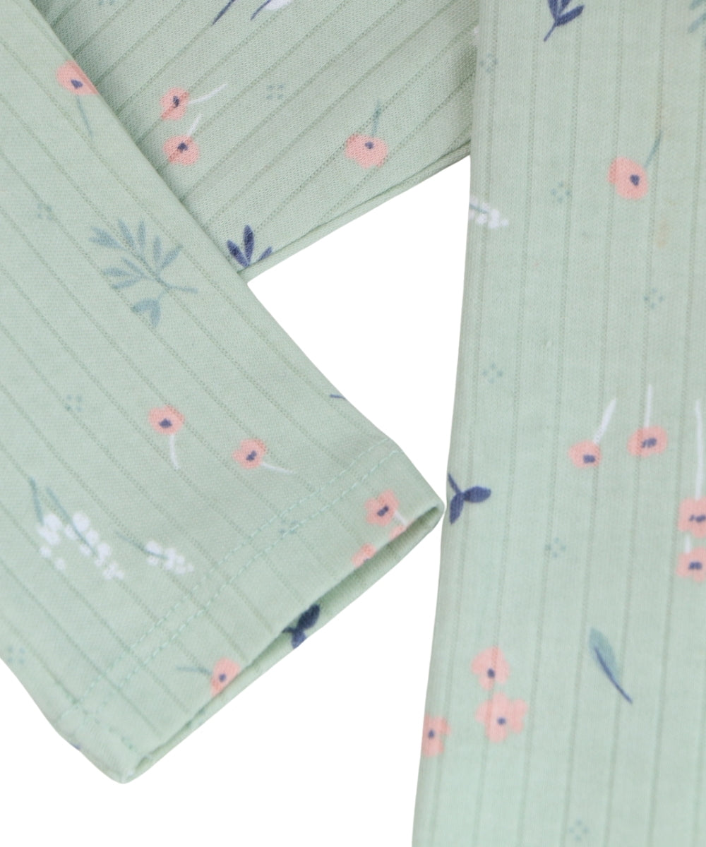 Green Floral Cotton Co-ord Set for Girls – Full Sleeve Top and Pants with Tiny Pink Flowers