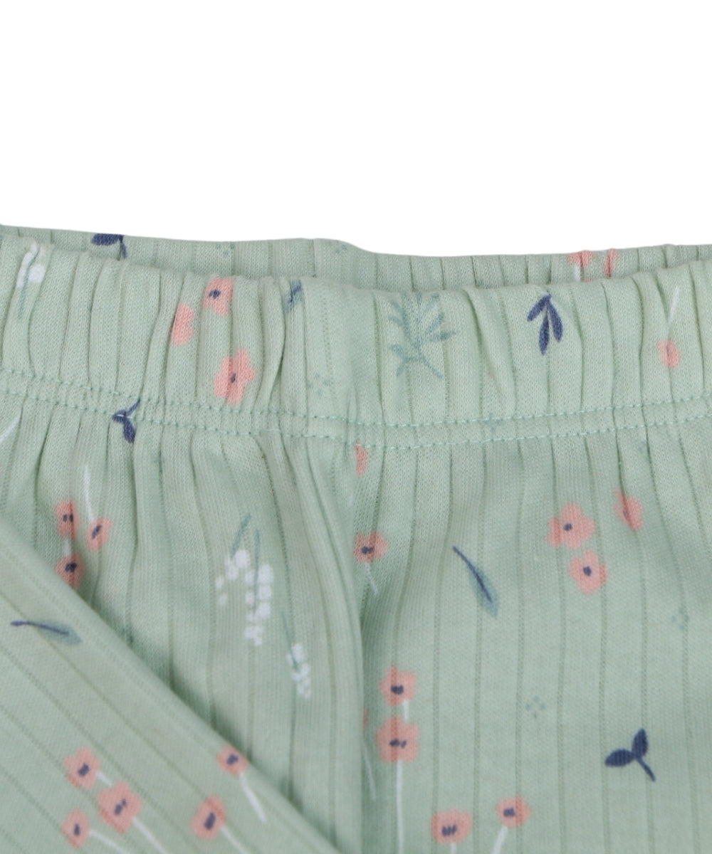 Green Floral Cotton Co-ord Set for Girls – Full Sleeve Top and Pants with Tiny Pink Flowers