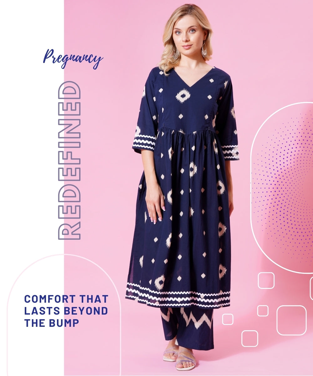 Mamabumps Blue Geometric Print Maternity Salwar Suit Set with Dupatta – 3-Piece Nursing Friendly Outfit