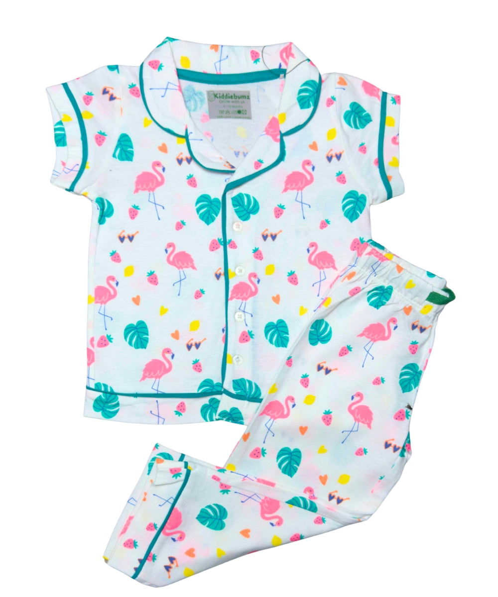 Flamingo Fiesta Girls’ Co-ord Set – Open Collar Shirt and Pyjamas - 100% Cotton