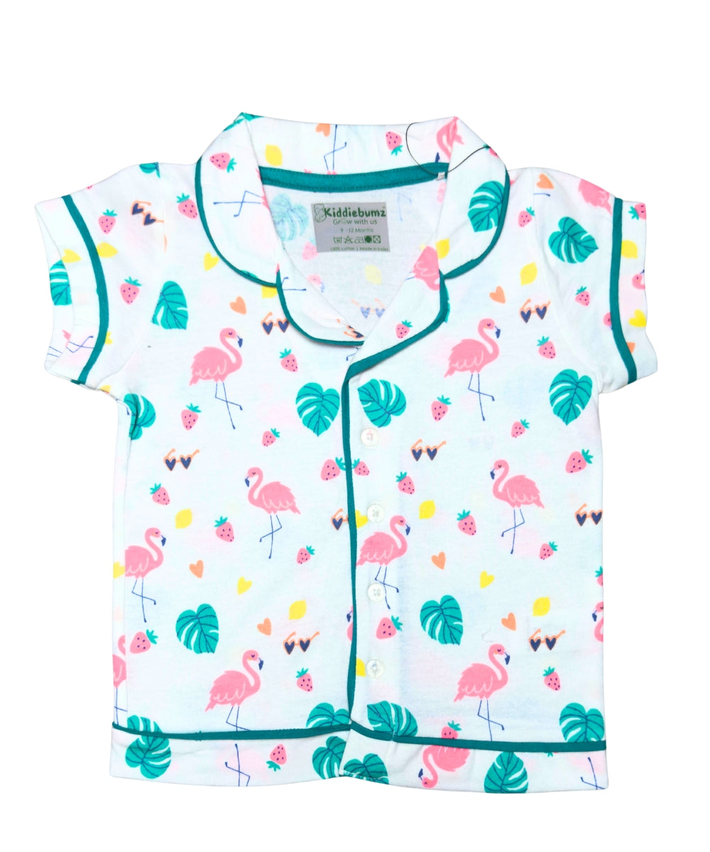 Flamingo Fiesta Girls’ Co-ord Set – Open Collar Shirt and Pyjamas - 100% Cotton