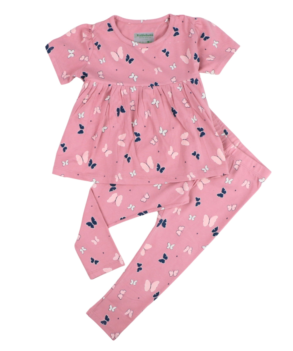 Cotton Peplum Top & Co-ord Pants Set for Girls – Butterfly Print – Half Sleeve Comfy Outfit