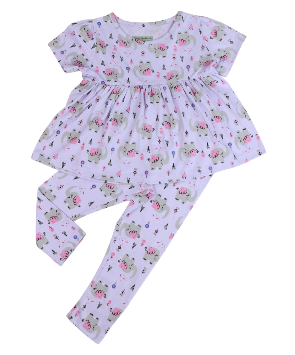 Cotton Peplum Top & Co-ord Pants Set for Girls – Elephant Print – Half Sleeve Comfy Outfit