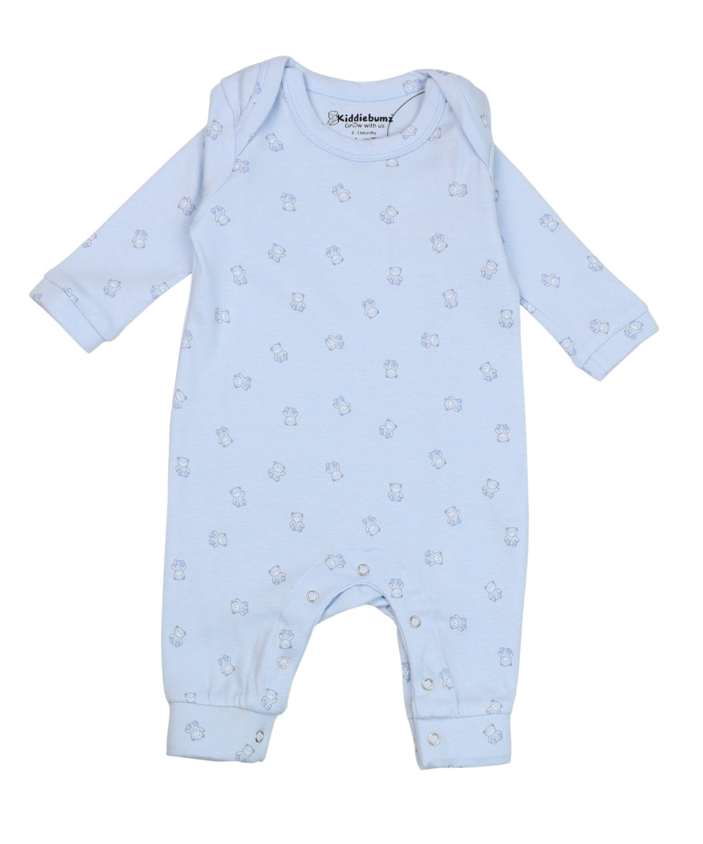 Teddy Cuddles – Pastel Blue Full Sleeve Baby Jumpsuit with Teddy Bear Print – 100% Cotton