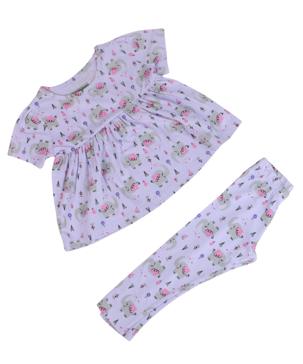 Cotton Peplum Top & Co-ord Pants Set for Girls – Elephant Print – Half Sleeve Comfy Outfit