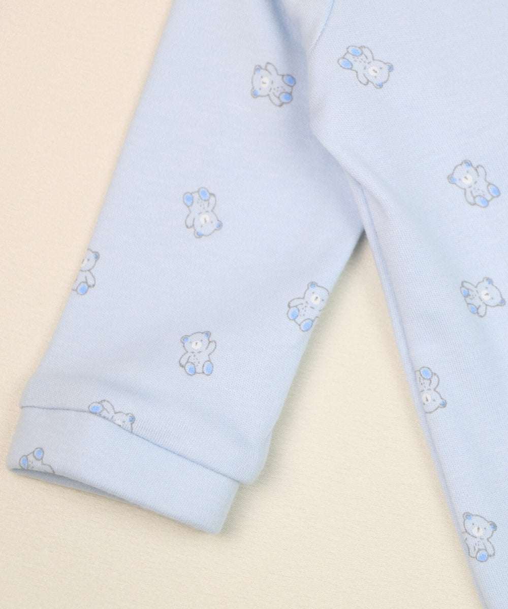 Teddy Cuddles – Pastel Blue Full Sleeve Baby Jumpsuit with Teddy Bear Print – 100% Cotton