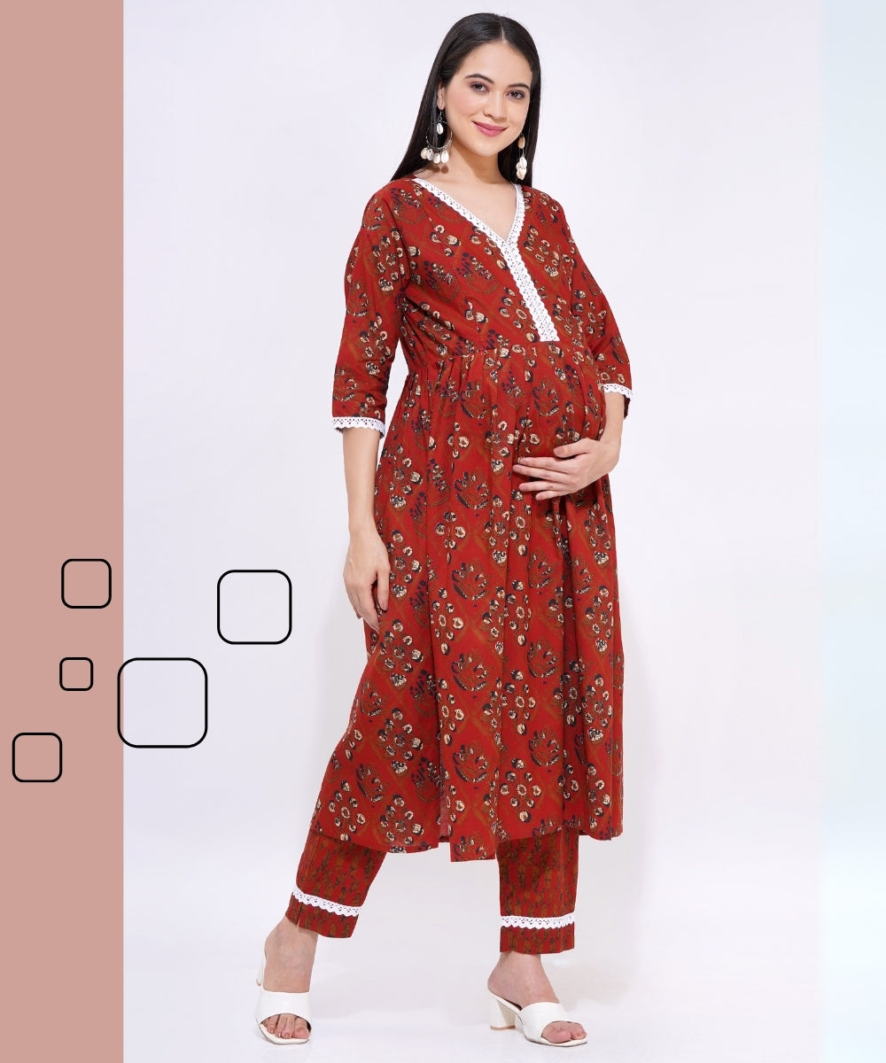Mamabumps Red Abstract Print Maternity Kurta Pants Set with Lace Detail – Nursing Friendly