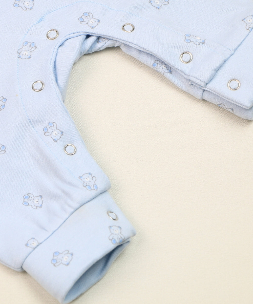 Teddy Cuddles – Pastel Blue Full Sleeve Baby Jumpsuit with Teddy Bear Print – 100% Cotton
