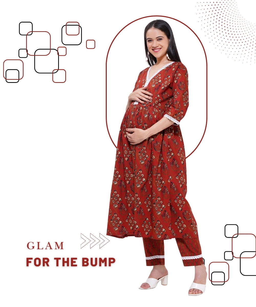 Mamabumps Red Abstract Print Maternity Kurta Pants Set with Lace Detail – Nursing Friendly