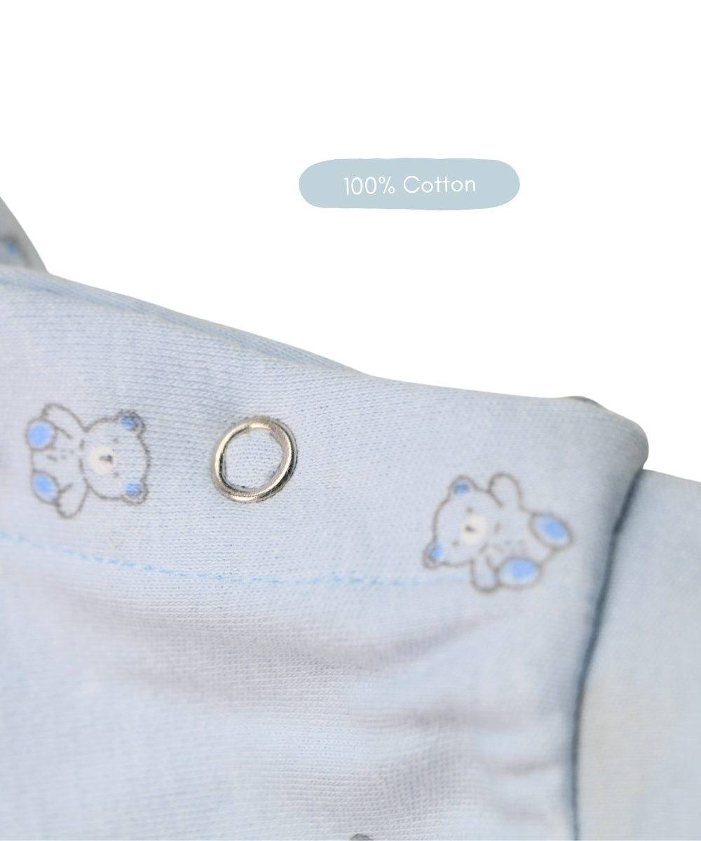 Teddy Cuddles – Pastel Blue Full Sleeve Baby Jumpsuit with Teddy Bear Print – 100% Cotton