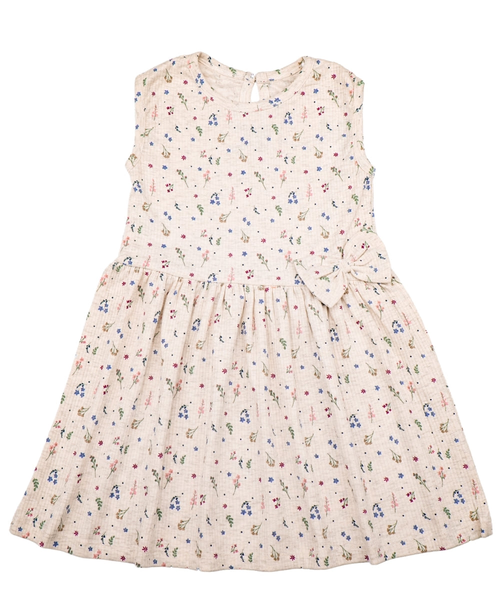 Beige Bloom Sleeveless Baby Girl Frock – 100% Pure Cotton with Tiny Floral Print & Front Bow