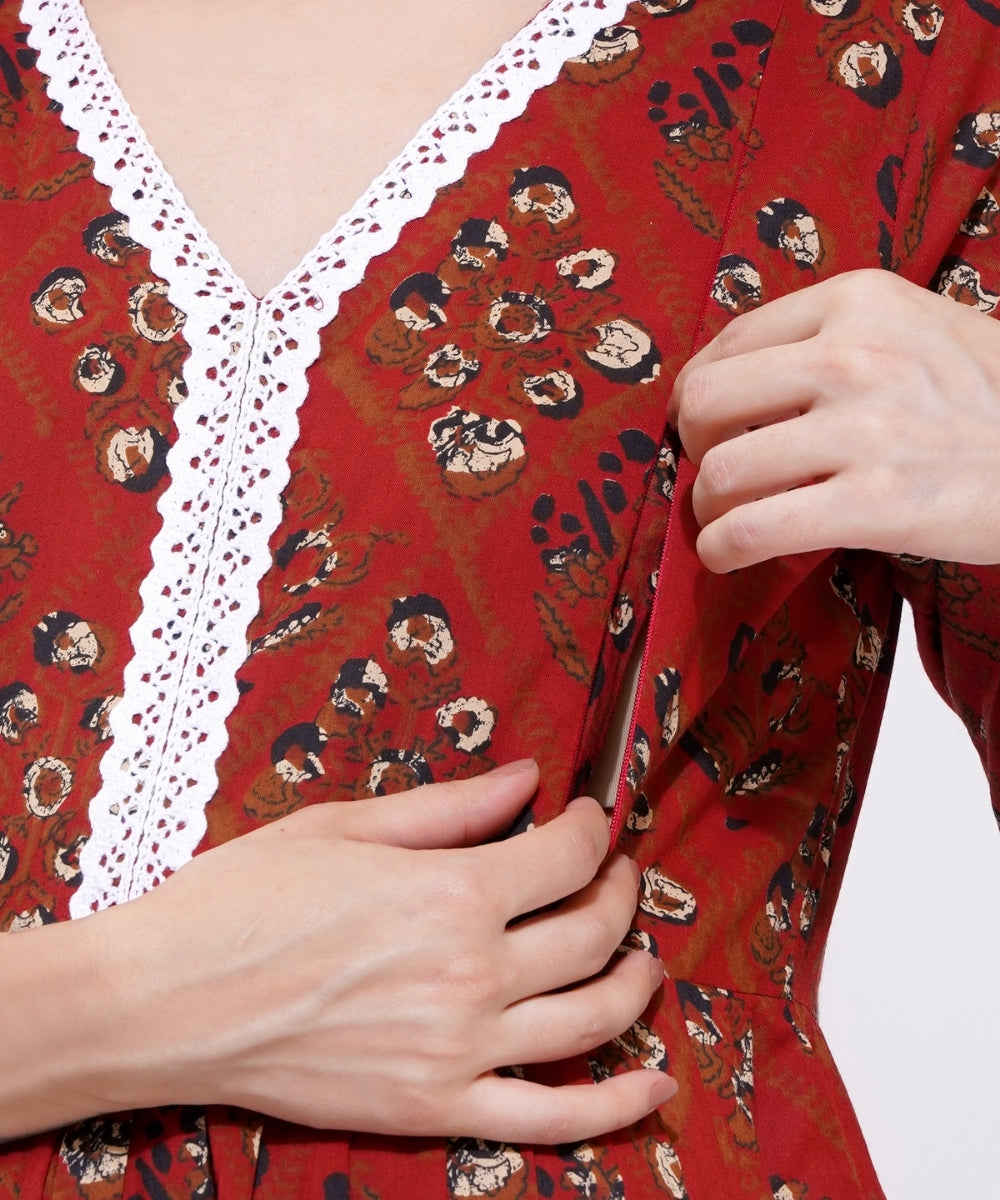 Mamabumps Red Abstract Print Maternity Kurta Pants Set with Lace Detail – Nursing Friendly