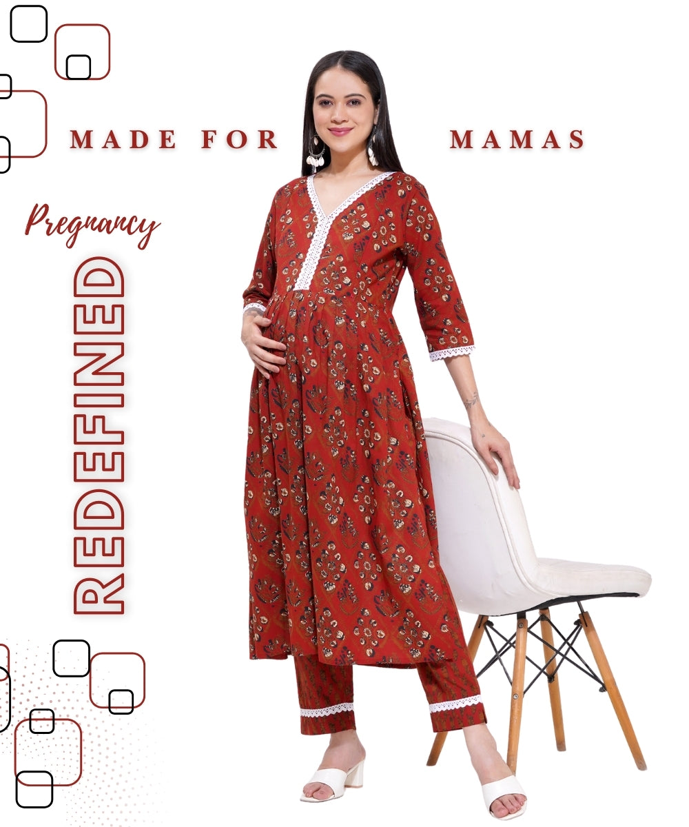 Mamabumps Red Abstract Print Maternity Kurta Pants Set with Lace Detail – Nursing Friendly