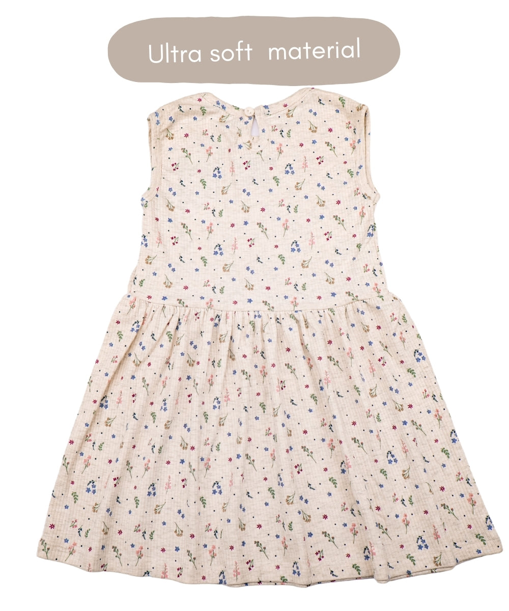 Beige Bloom Sleeveless Baby Girl Frock – 100% Pure Cotton with Tiny Floral Print & Front Bow