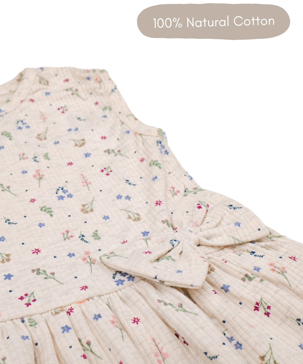 Beige Bloom Sleeveless Baby Girl Frock – 100% Pure Cotton with Tiny Floral Print & Front Bow