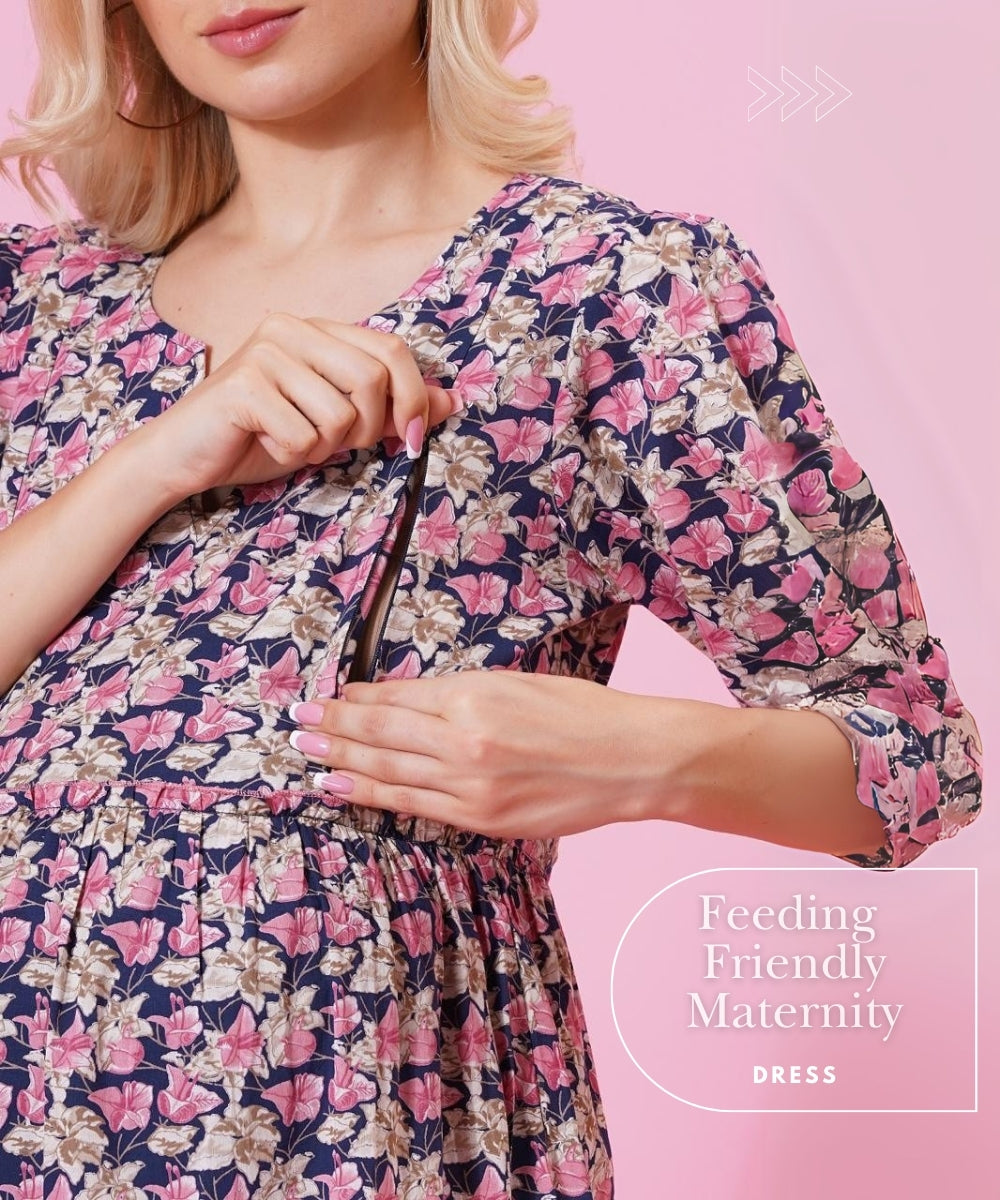 Mamabumps Pink Floral Maternity Dress - Nursing Friendly