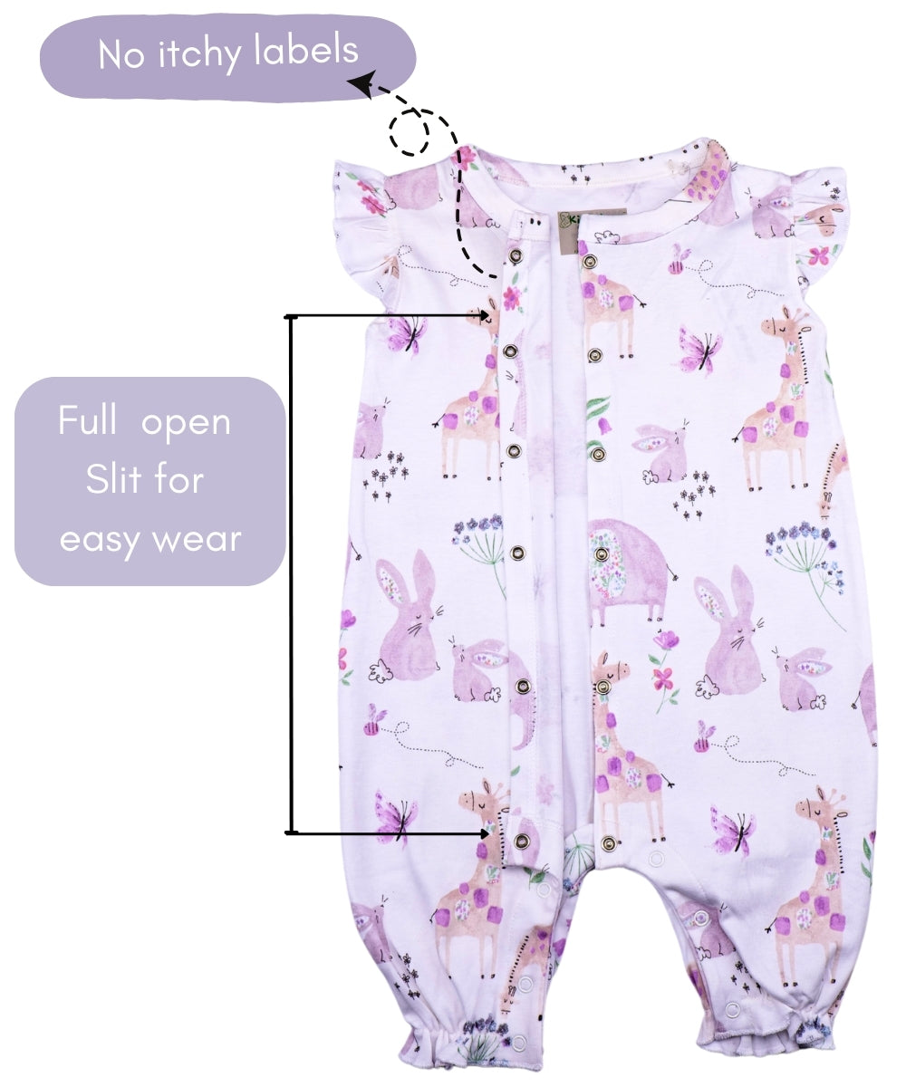 Wildly Cute – Frill Sleeve Baby Girl Romper with Pink Animal Print – 100% Cotton Onesie